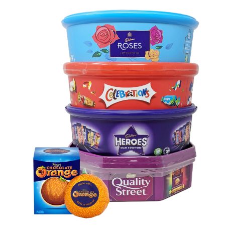 Assorted Christmas Chocolate Tubs Selection - Pack of 5 - Bulk Buy of Roses, Heroes, Quality Street, Celebrations Chocolate Pralines & 1 Terry's Orange Chocolate with Topline Card for Chocolate Gifts